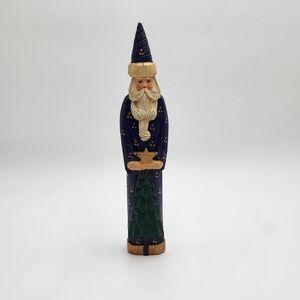 Vintage James Haddon Old World Santa Wood Carving Figurine Blue Gold Stars 12"